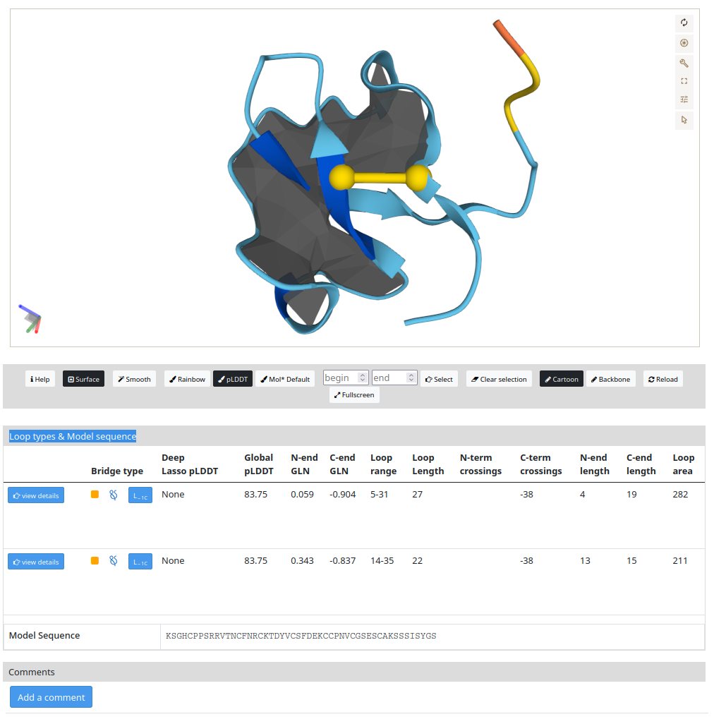 Example of the main view of the lasso type & model sequence with the protein structure representation with the minimal surface.